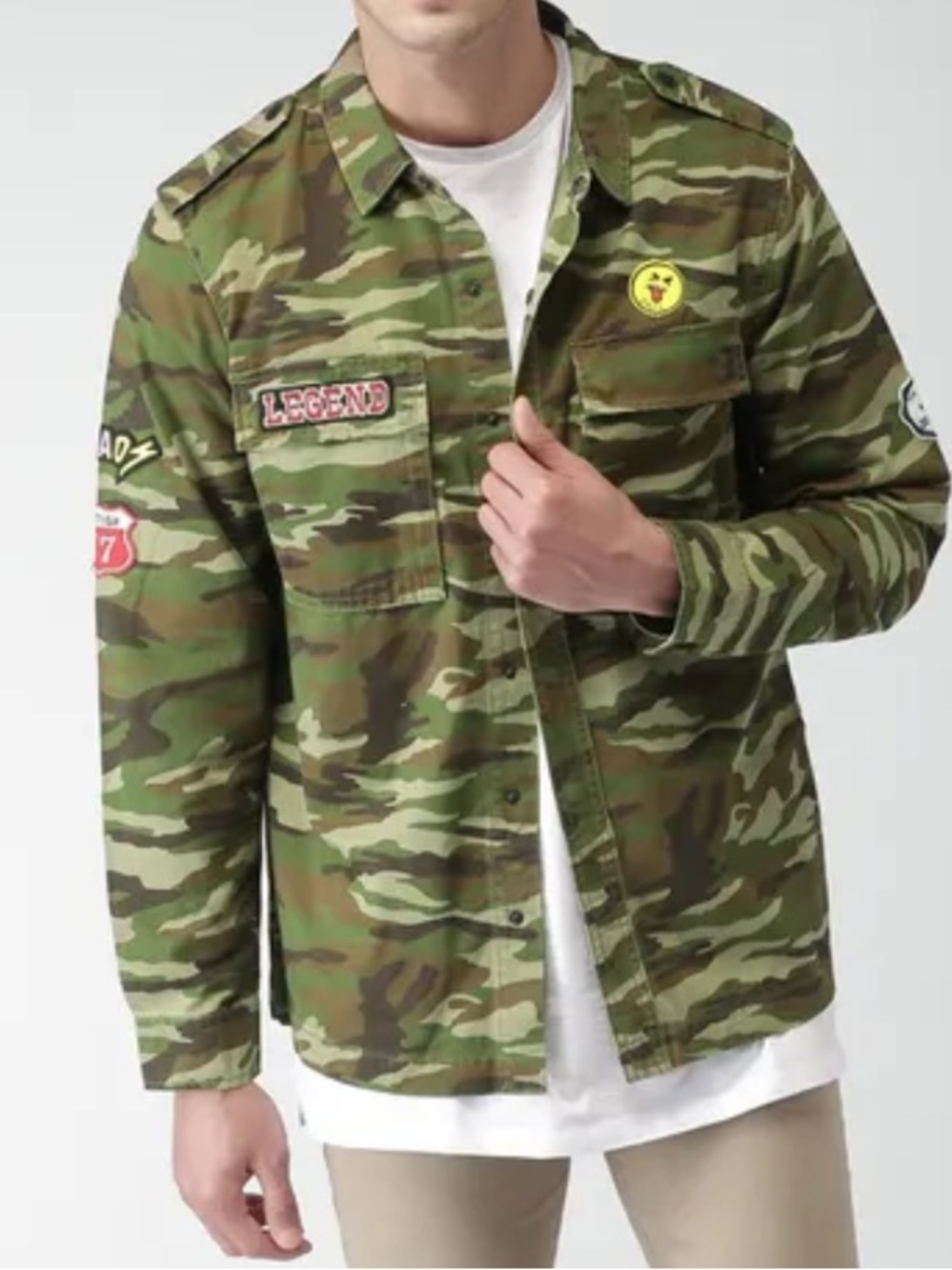 NWOT Forever 21 Green Camo Jacket with White 'High Vibes' Back Graphic szXL